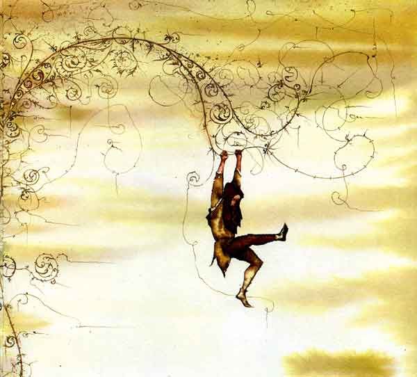 Джек решил снова влезть на верхушку бобового стебля