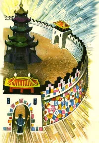 вокруг дворца высокая стена, украшенная разноцветными камнями