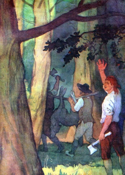 дровосеки с топорами на плечах несут Волка