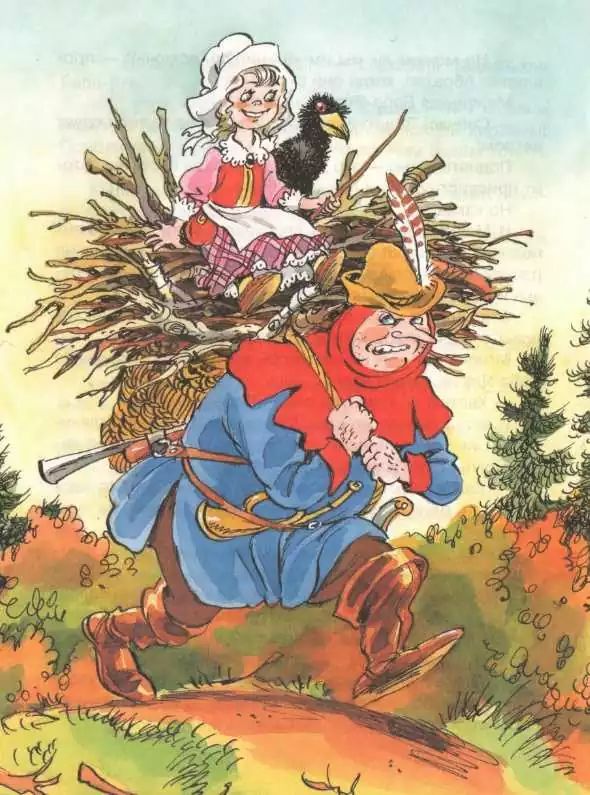 Баба-Яга вскочила верхом на корзину а ворон Абрахас вспорхнул ей на правое плечо лесничий их нес